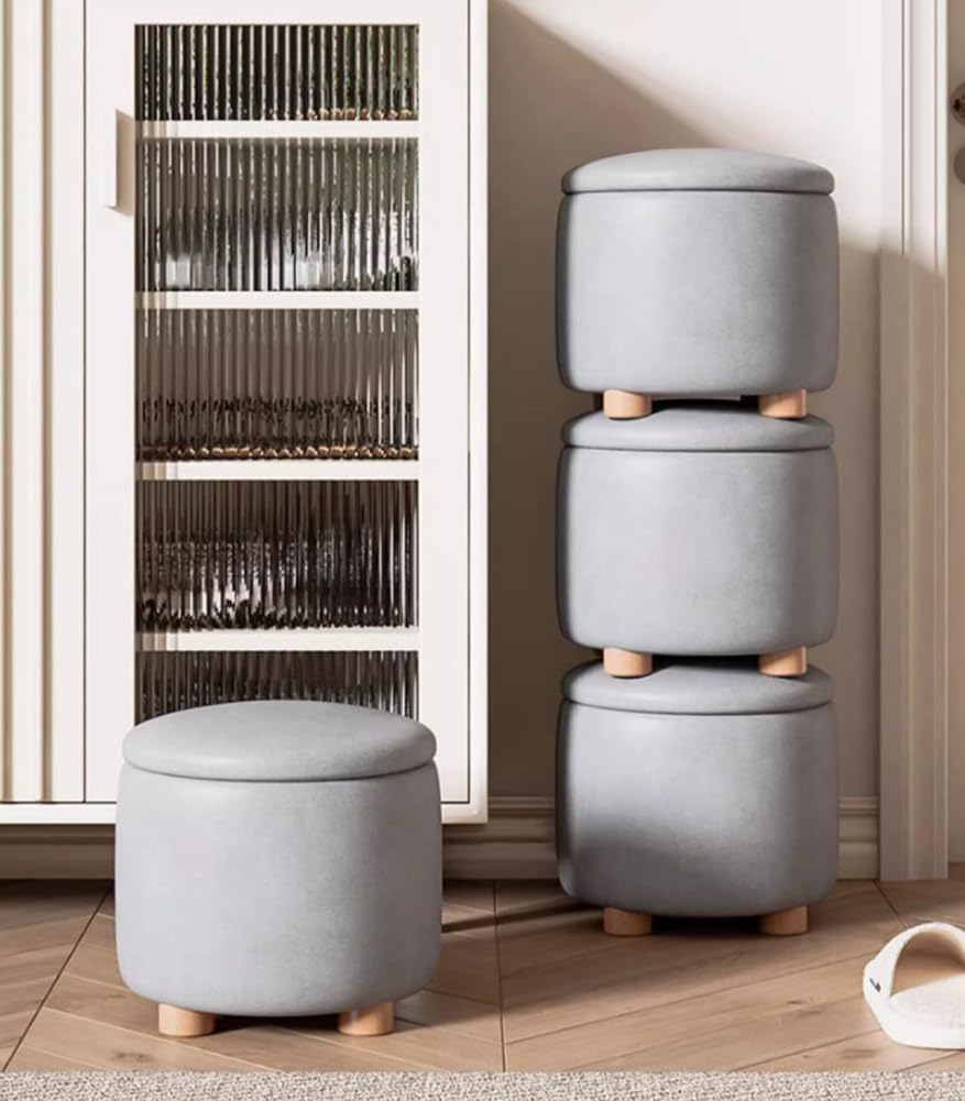 Pouf rotondo con contenitore, poggiapiedi in finta pelle, grande spazio di archiviazione, imbottito, sgabello per soggiorno, camera da letto, ingresso (marrone)