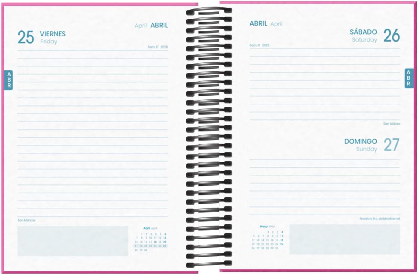 DOHE - School Diary 2024 2025 – Day by Page, Size A6 (12 x 17 cm), Ring Closure, Hardcover, Spanish and English, September to June, School Supplies – TANGRAM Pink