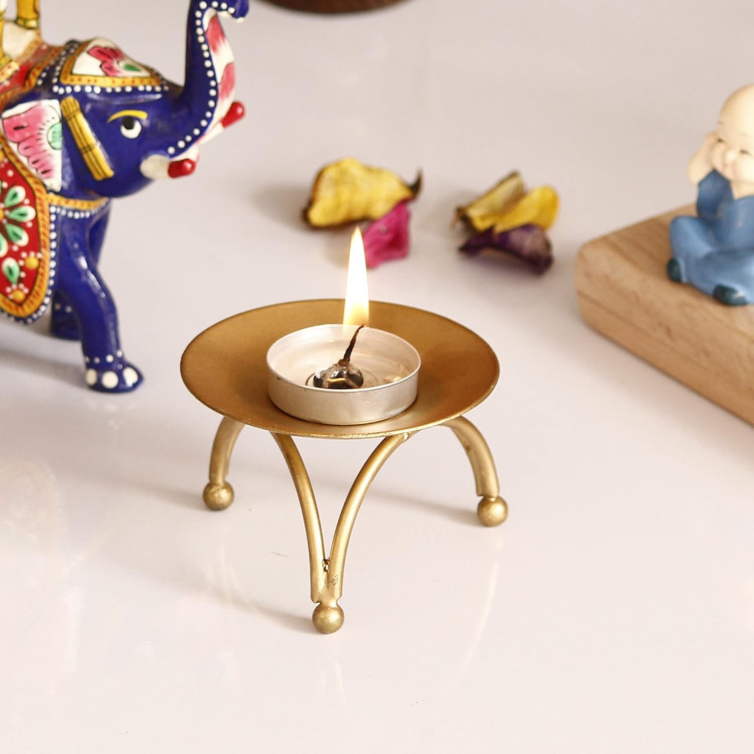 Golden Tripod Tea Light Candle Holder, Iron, Tabletop Metal Stand for Diwali Decoration & Home Decor-image-26