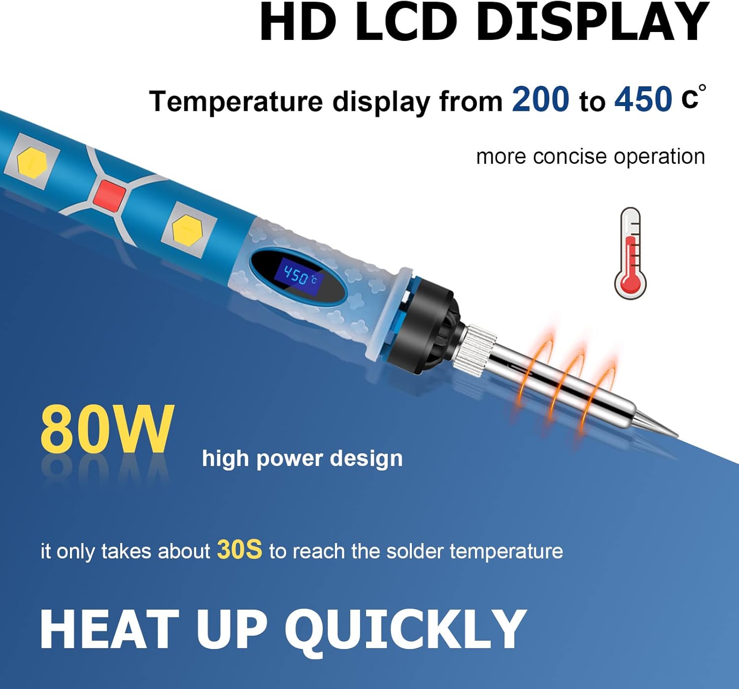 Close-up of the soldering iron showing the LCD display and 80W power feature