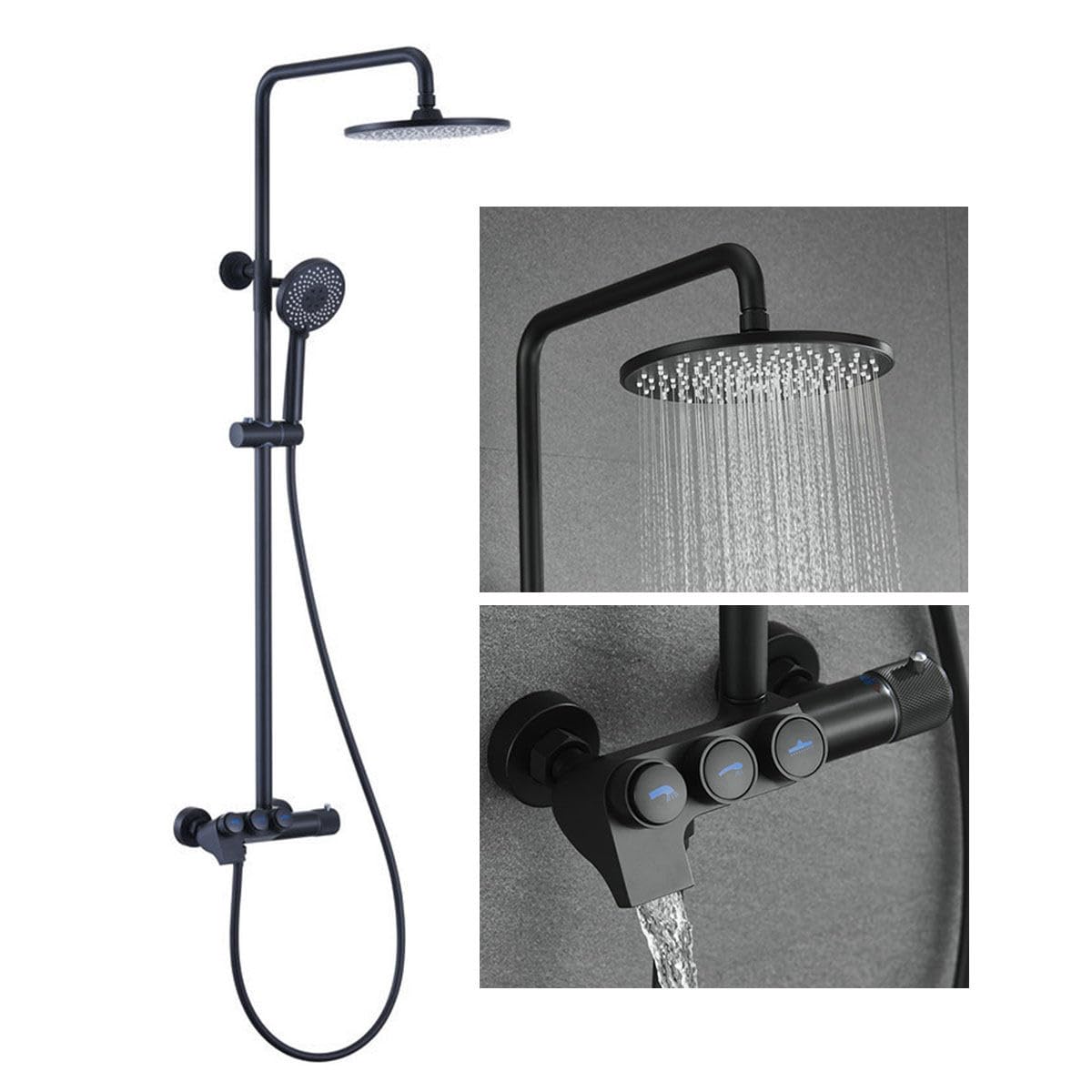 Système de douche thermostatique noir 10" avec mitigeur de 25 cm et pommeau 3 vitesses