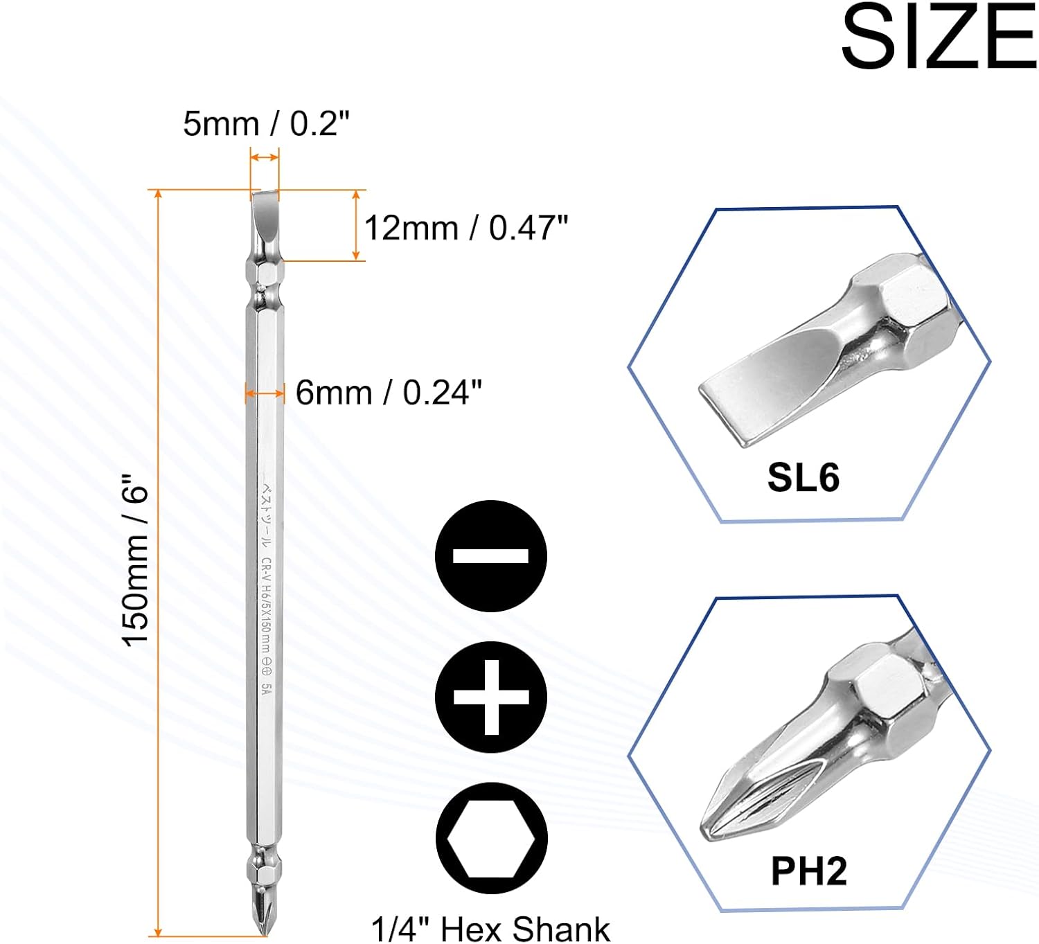 Generic 2pcs Magnetic Double Ended Screwdriver Bit 5mm PH2/SL6 6"/150mm 1/4" Hex Shank CR-V Steel Phillips Cross Slotted Flat Screw Driver Bit for Power Screwdriver Impact Drill Tool