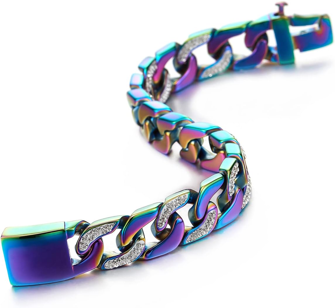 COOLSTEELANDBEYOND Men’s Stainless Steel Curb Chain Bracelet Rainbow Colorful High Polished with Cubic Zirconia - Image 2
