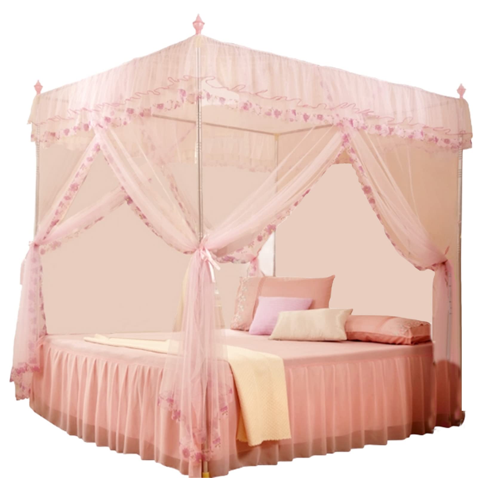 Alvinlite 4 Corner Post Net, Princess Bed Canopy, Breathable Bed Curtain Full Queen Size Bedroom Decoration #20 (120 * 200 * 200-Pink)