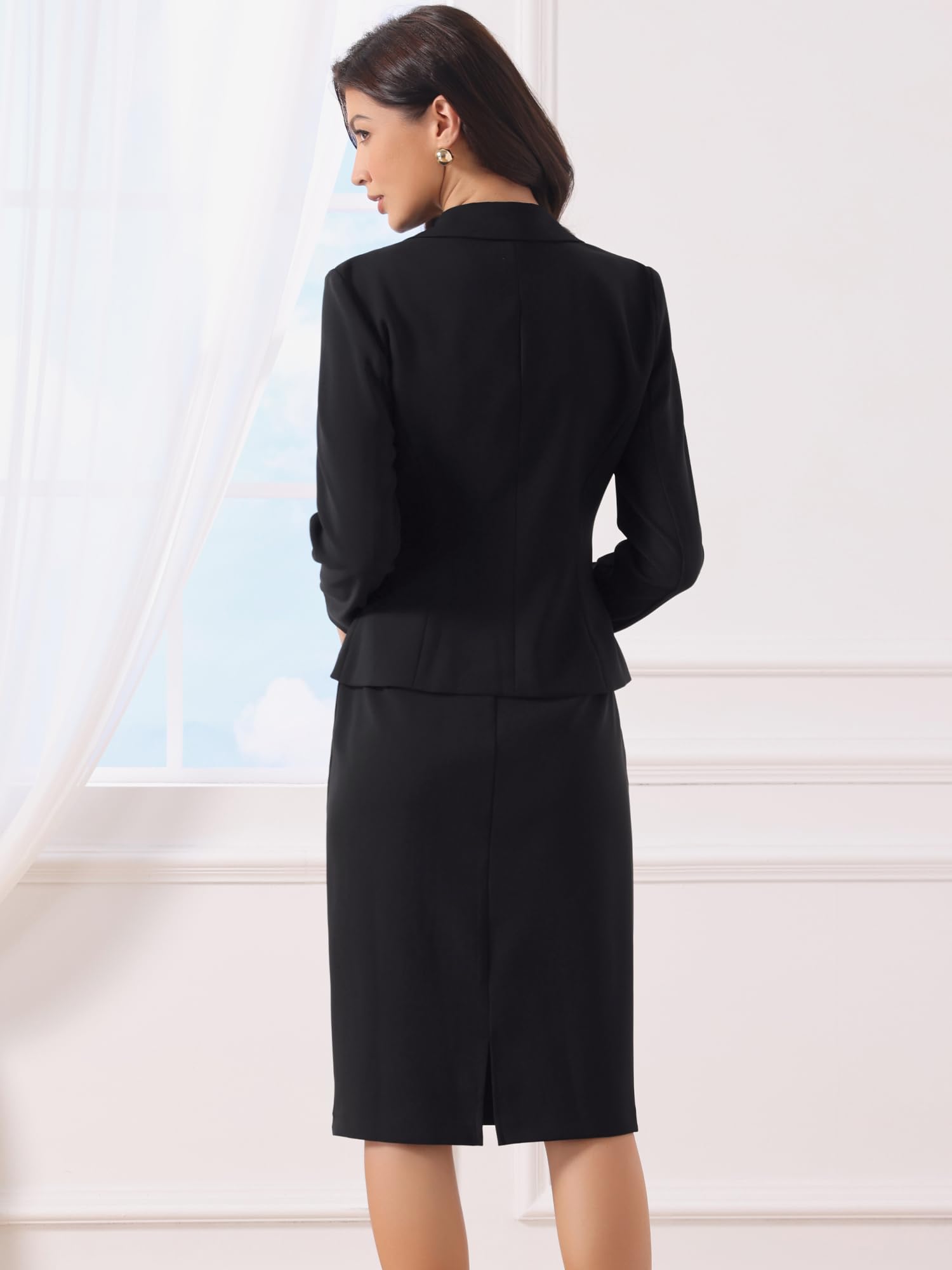 Allegra K Ensemble Tailleur 2 Pièces Femme Blazer à Manches Longues et Jupe Crayon Tenue de Travail Formelle