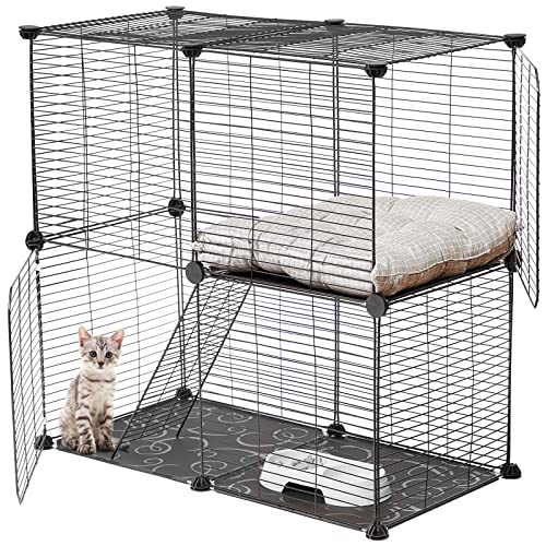 Cat Cage Diy Cat Playpen Indoor Detachable Metal Wire Kitten Kennels Crate Small Animal Cage Assembled Cat Enclosures With 2 Door For Pet, 27.6 X 13.8 X 27.6 Inch (Black) #TOP24