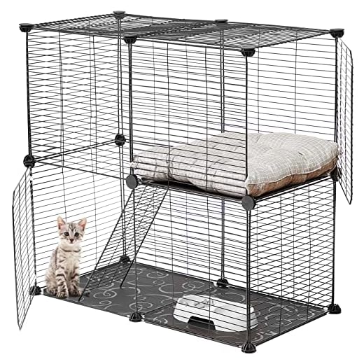 Cat Cage DIY Cat Playpen Indoor Detachable Metal Wire Kitten Kennels Crate Small Animal Cage Assembled Cat Enclosures with 2 Door for Pet, 27.6 x 13.8 x 27.6 Inch (Black)
