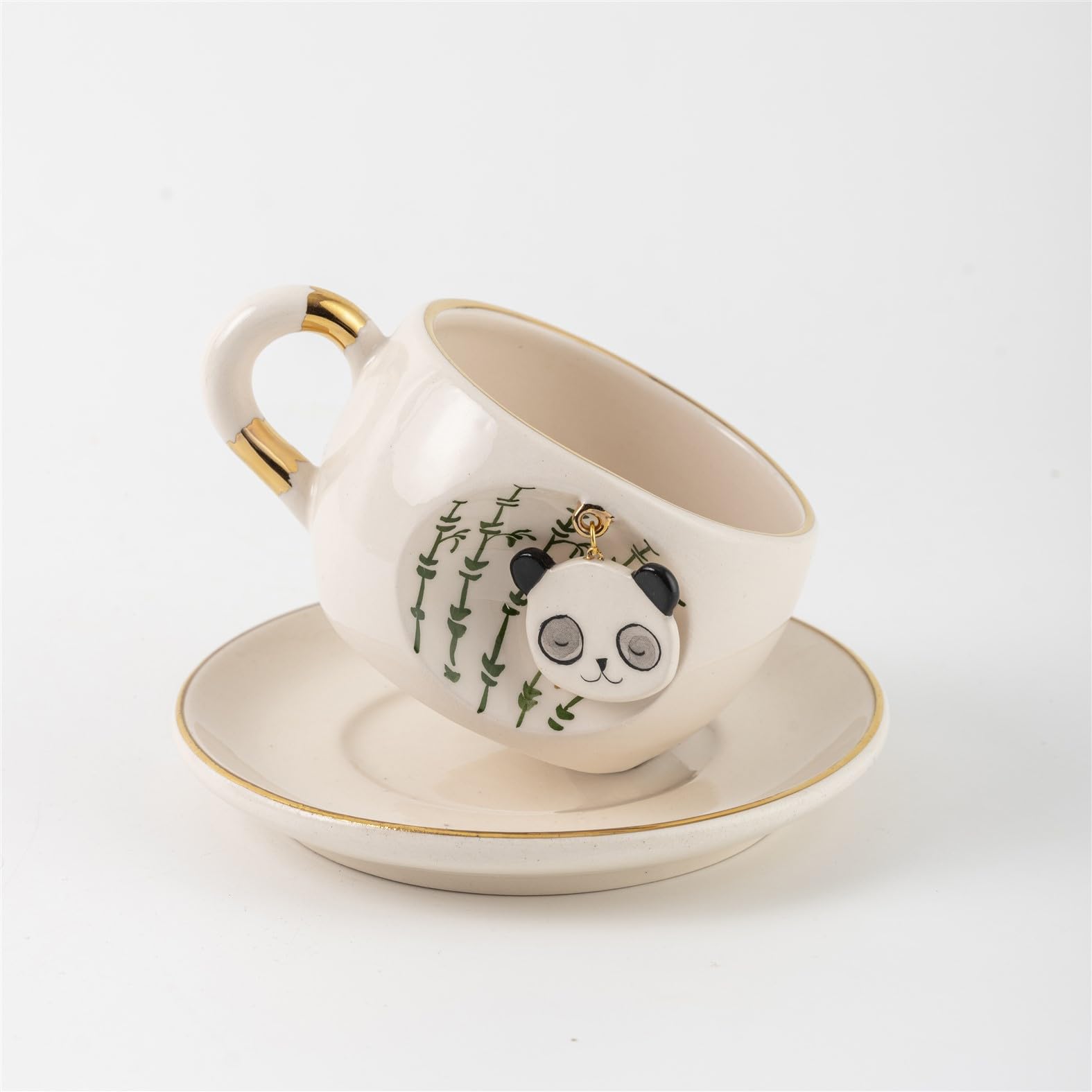 BSK Ceramics Handmade El Yapımı Seramik Doğa Serisi Altın Vurgulu Çay Kupası 230 ml, Nesli Tükenmekte Olan Hayvanlar Farkındalık, Hayvan Severler İçin Panda Temalı