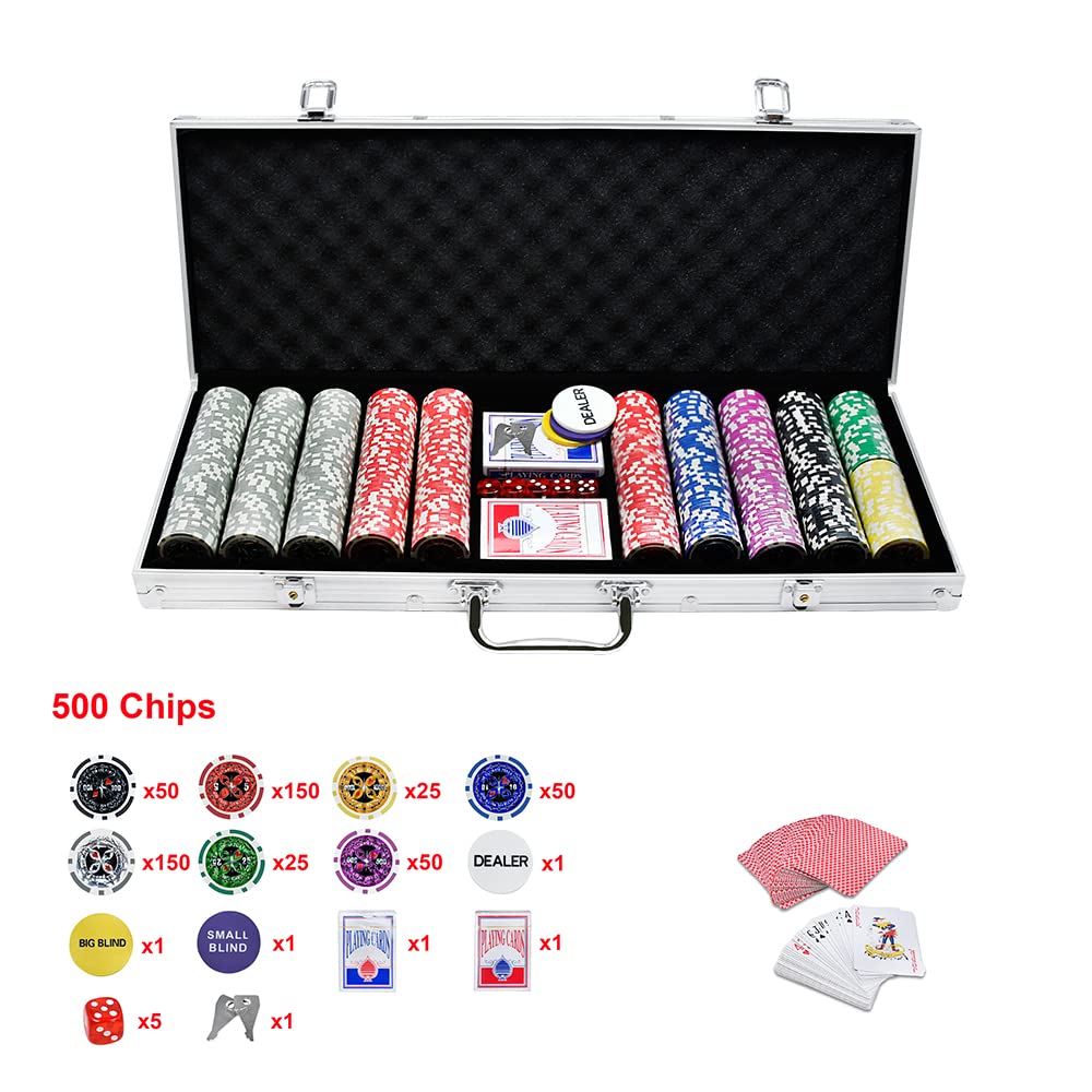 XMTECH Set de 500 jetons de poker avec mallette de poker, dealer bouton, jetons de poker, jetons de poker et boîtier en aluminium argenté