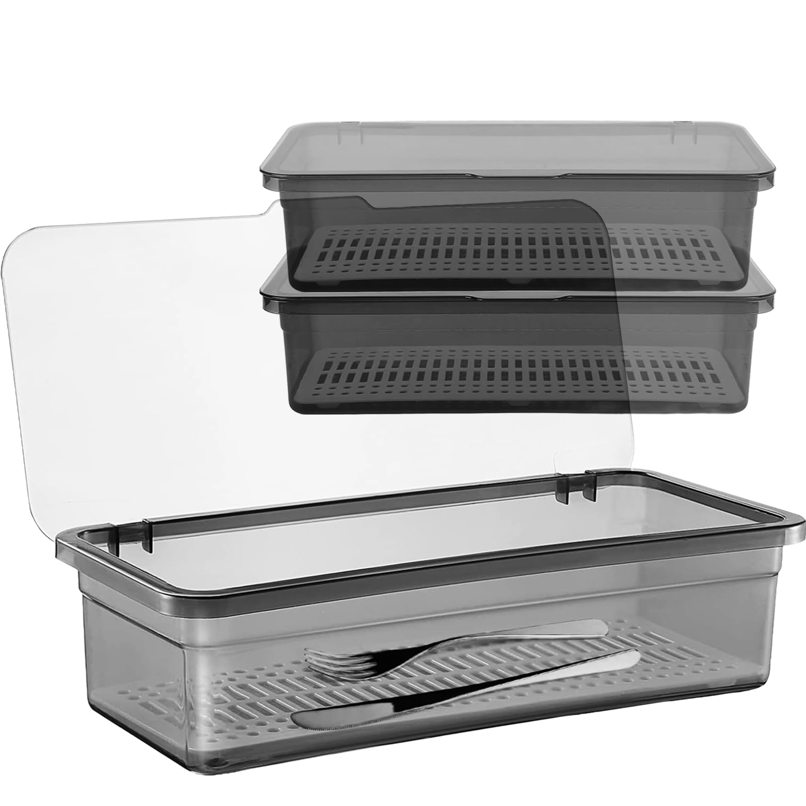 FUCIHOMA 3PCS Flatware Tray with Lid and Drainer, Tableware Utensil and Cutlery Drawer Organizer with Lid Covered Silverware Tray to Keeps Your Cutlery Organized and Protected,Grey