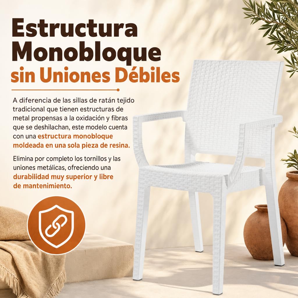 Sillón de Jardín Exterior Efecto Ratán | Resistente y Ligero | Blanco
