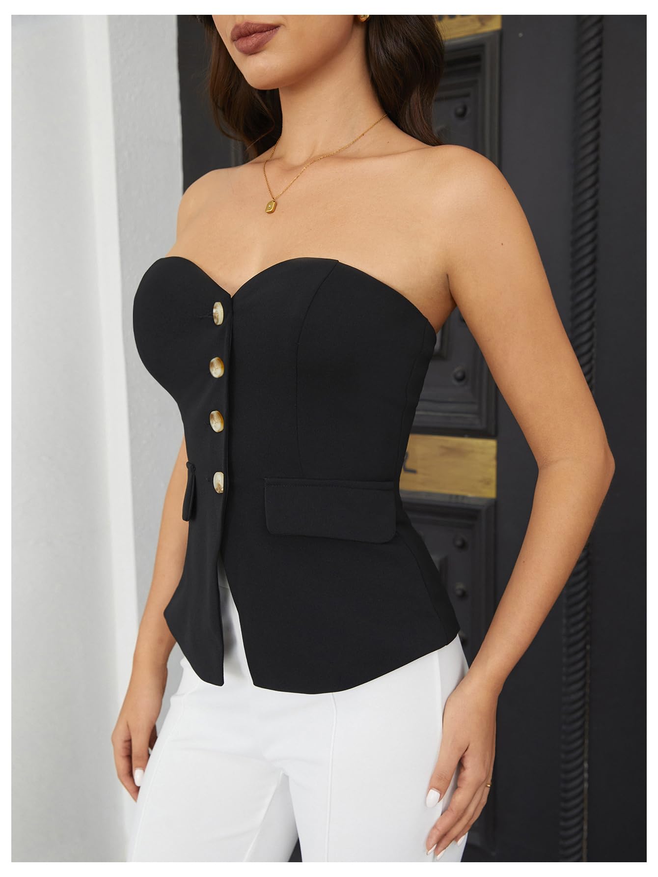 OYOANGLE Women's Button Front Split Hem Strapless Tube Top Elegant Workwear Tank Tops