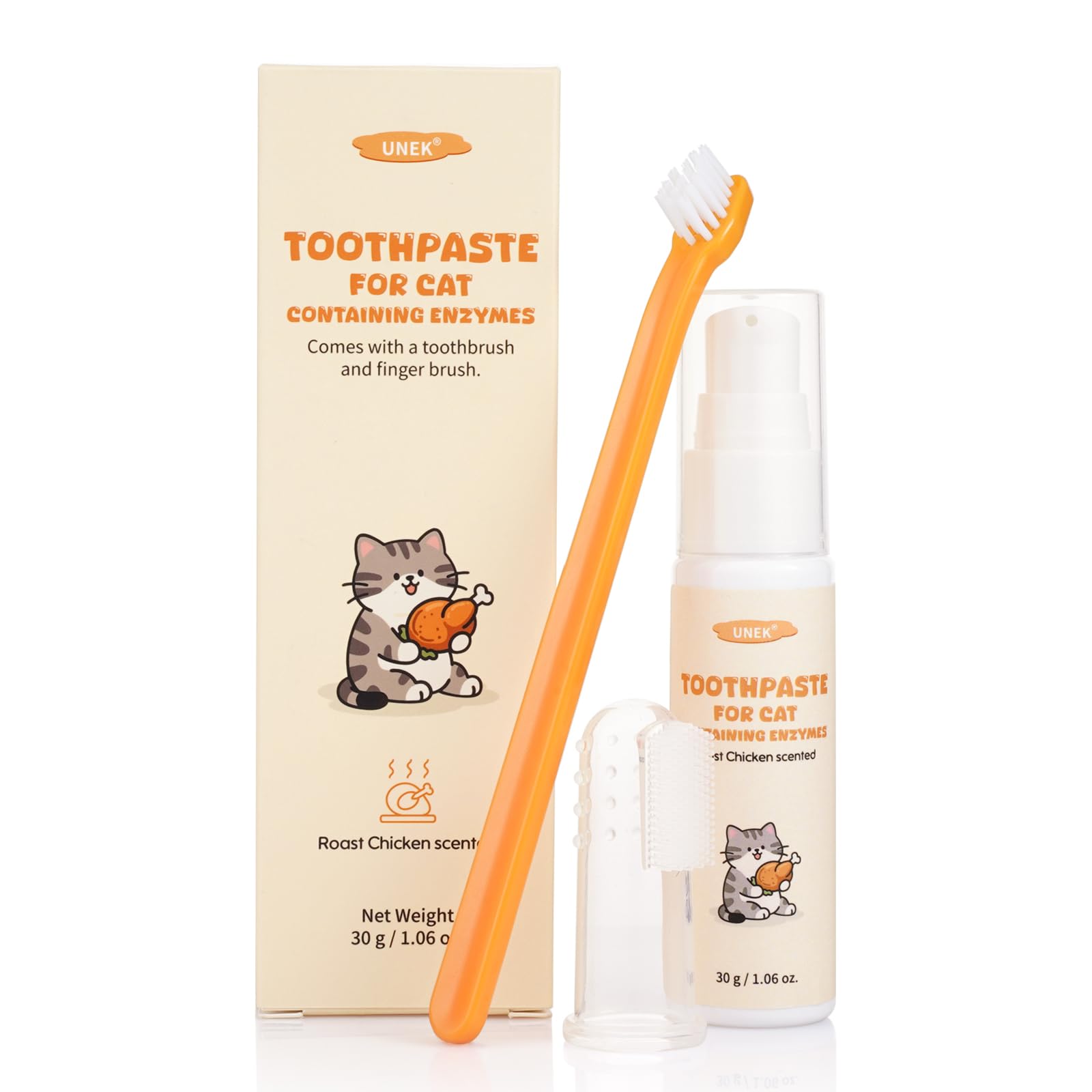 UNEK Cat Dental Care Kit - Enzymatic Toothpaste 30g Roast Chicken Flavour with Toothbrush & Finger Brush, Helps Reduce Plaque & Bad Breath