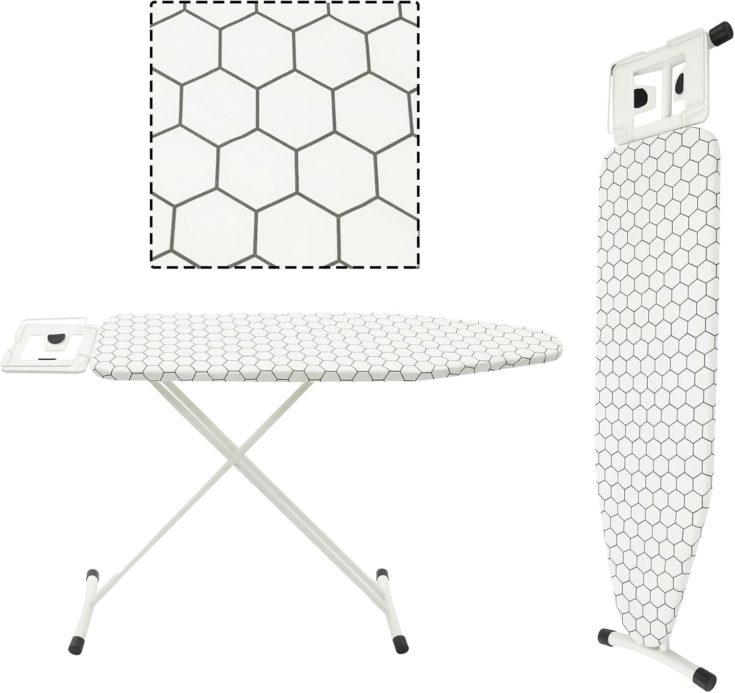 43x13in Full-Size Folding Ironing Board White, 29-33in Adjustable Height, Carbon Steel X-Frame, Polyester Cover + Iron Rest Stand