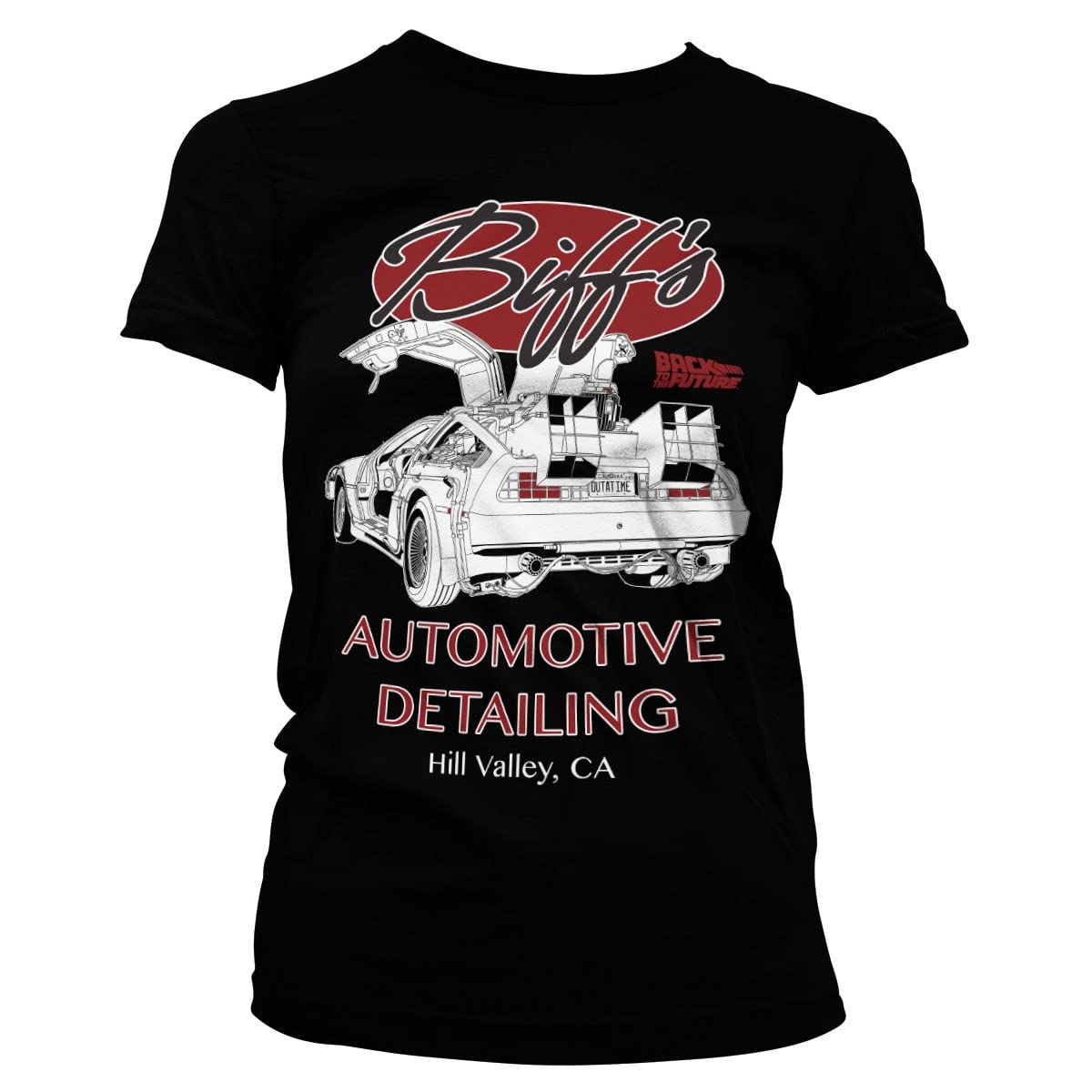 Back To The Future Officially Licensed Biff's Automotive Detailing Women T-Shirt (Black), Medium