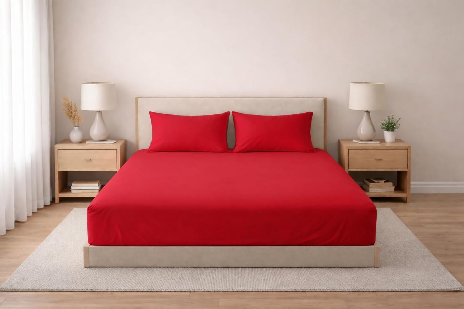Septumium%100 Pamuklu Lastikli Çarşaf, Kırmızı, 2 Yastık Kılıfı Dahil (120x200)