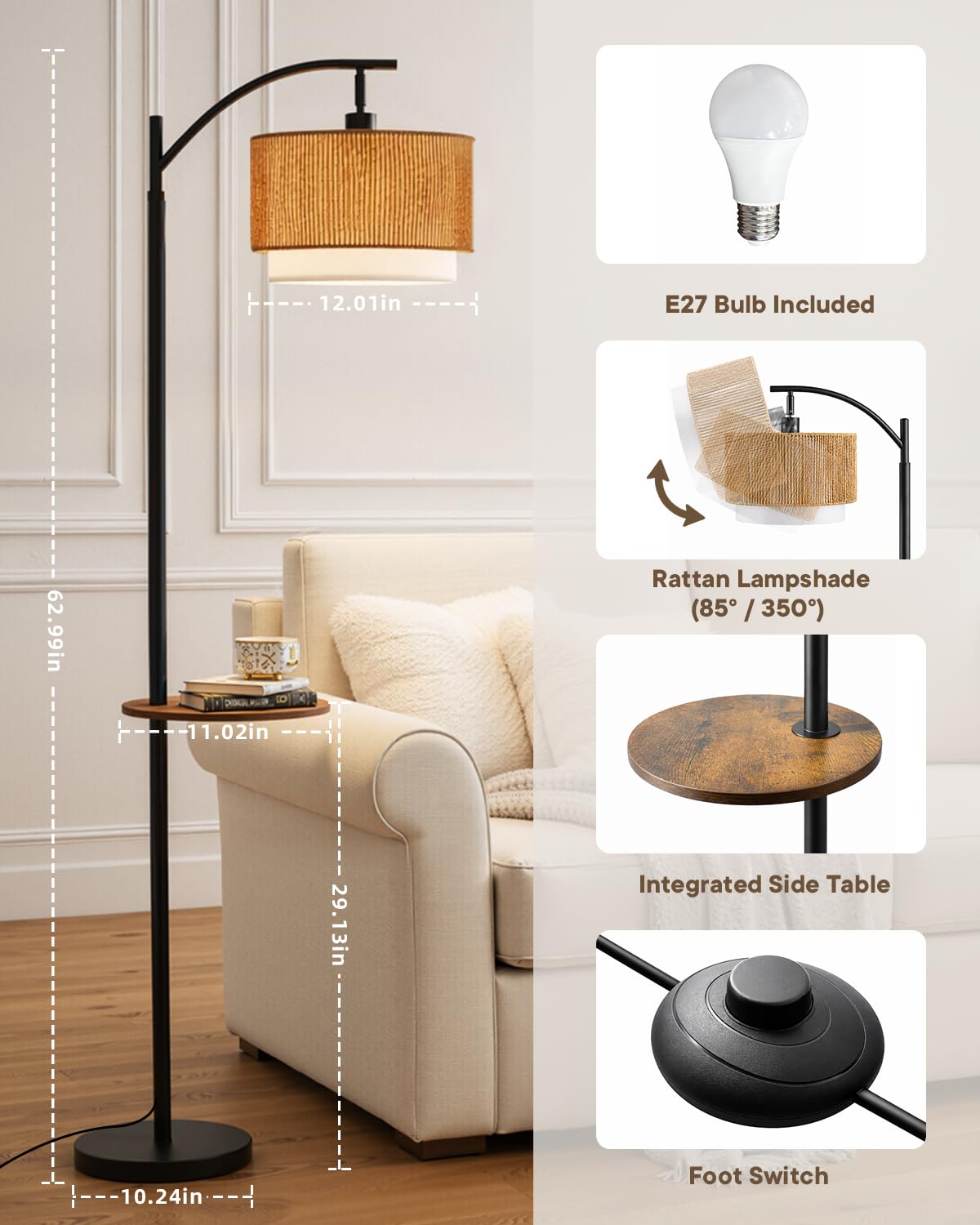Wio-Mio Rattan Stehlampe mit Tisch für Wohnzimmer, Standlampe mit Fußschalter, Schwarze Boho Stehlampe mit doppeltem Stoffschirm, 3 Lichtfarben, Leuchtmittel inklusive