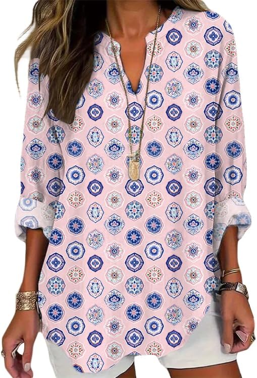 Long Sleeve Floral Tops for Women Spring Trendy Plus Size Boho Shirts Graphic Baggy Cotton Blouses Tops
