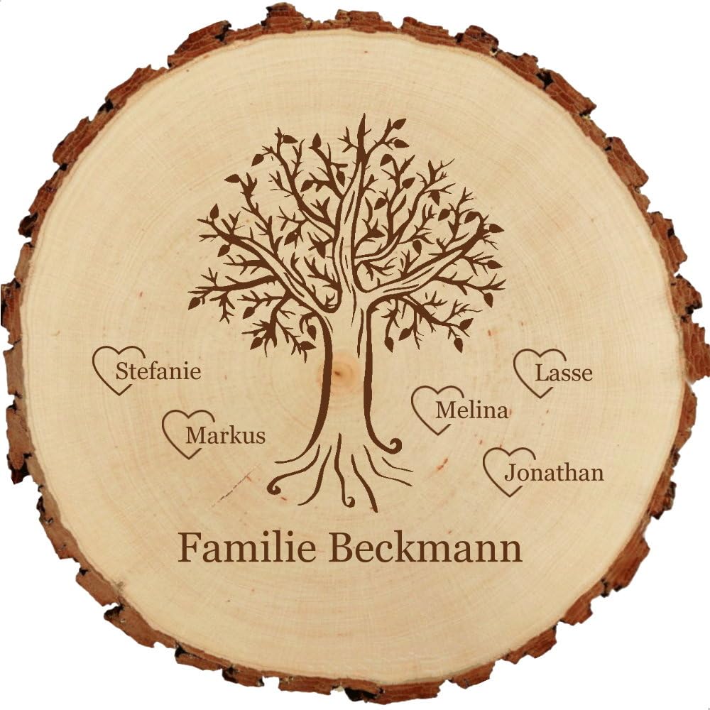 Baumscheibe 23cm mit Gravur (Namen) personalisiert, Familien Stammbaum/Lebensbaum, Holz Deko-Schild, Geschenk-Idee zu Geburtstagen/Weihnachten, Motiv D1