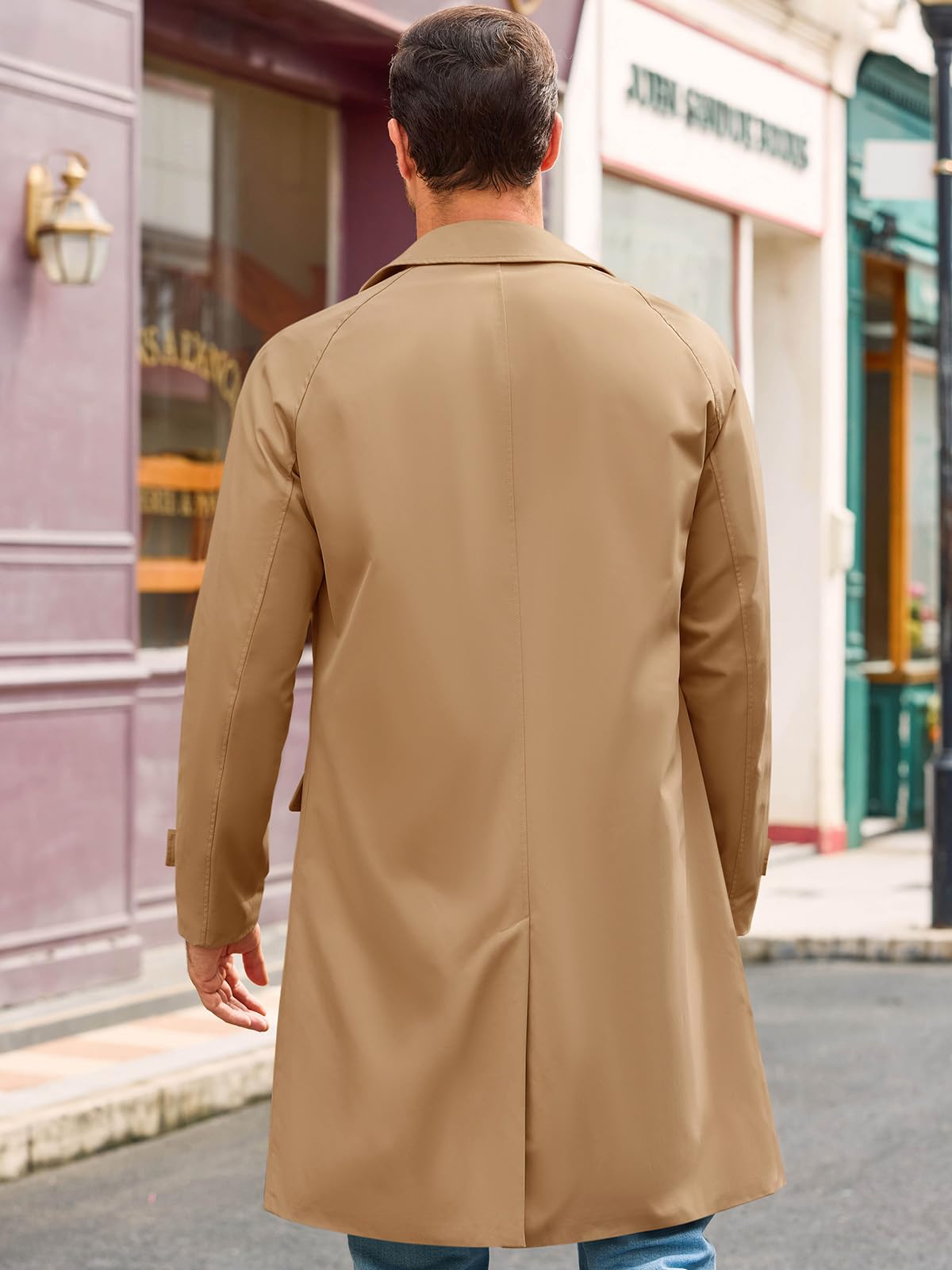 Runcati Herren-Trenchcoat, schmale Passform, einreihig, lang, Windjacke, klassisches Revers, lässiger Mantel