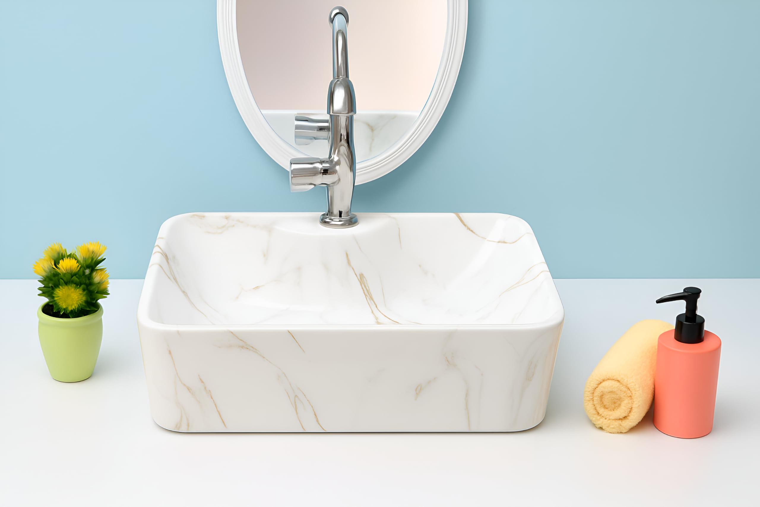 Premium White Ceramic Table Top Wash Basin, Modern Countertop Vanity Sink for Bathroom, Hotel & Residential Washrooms, 19 x 14 x 5 Inch