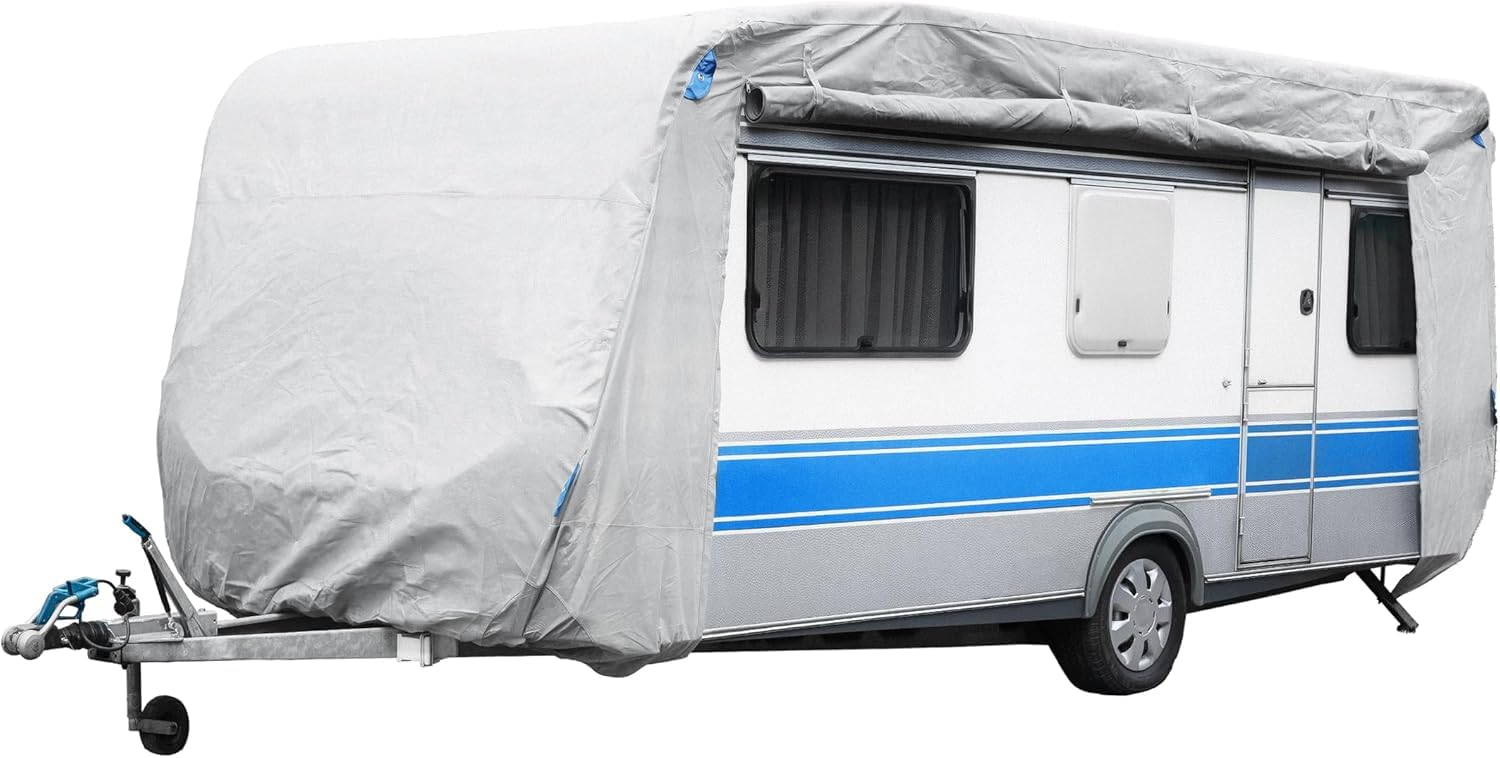 Abdeckplane Wohnwagen XL 670×250×220 cm – Winterfeste Schutzhülle für Wohnwagen & Wohnmobil – Wasserdicht, UV-beständig, mit Hagelschutz – Atmungsaktive Plane inkl. Gurte & Tasche