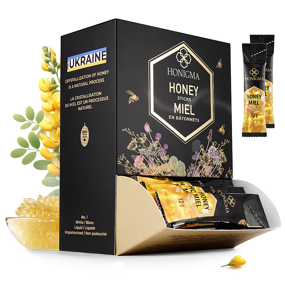 HONIGMA® Deliciously Sweet Acacia Honey Sticks - 50 Count (12g each) | Pure Ukrainian Honey | Sustainably Sourced | Bursting with Flavor & Health Benefits