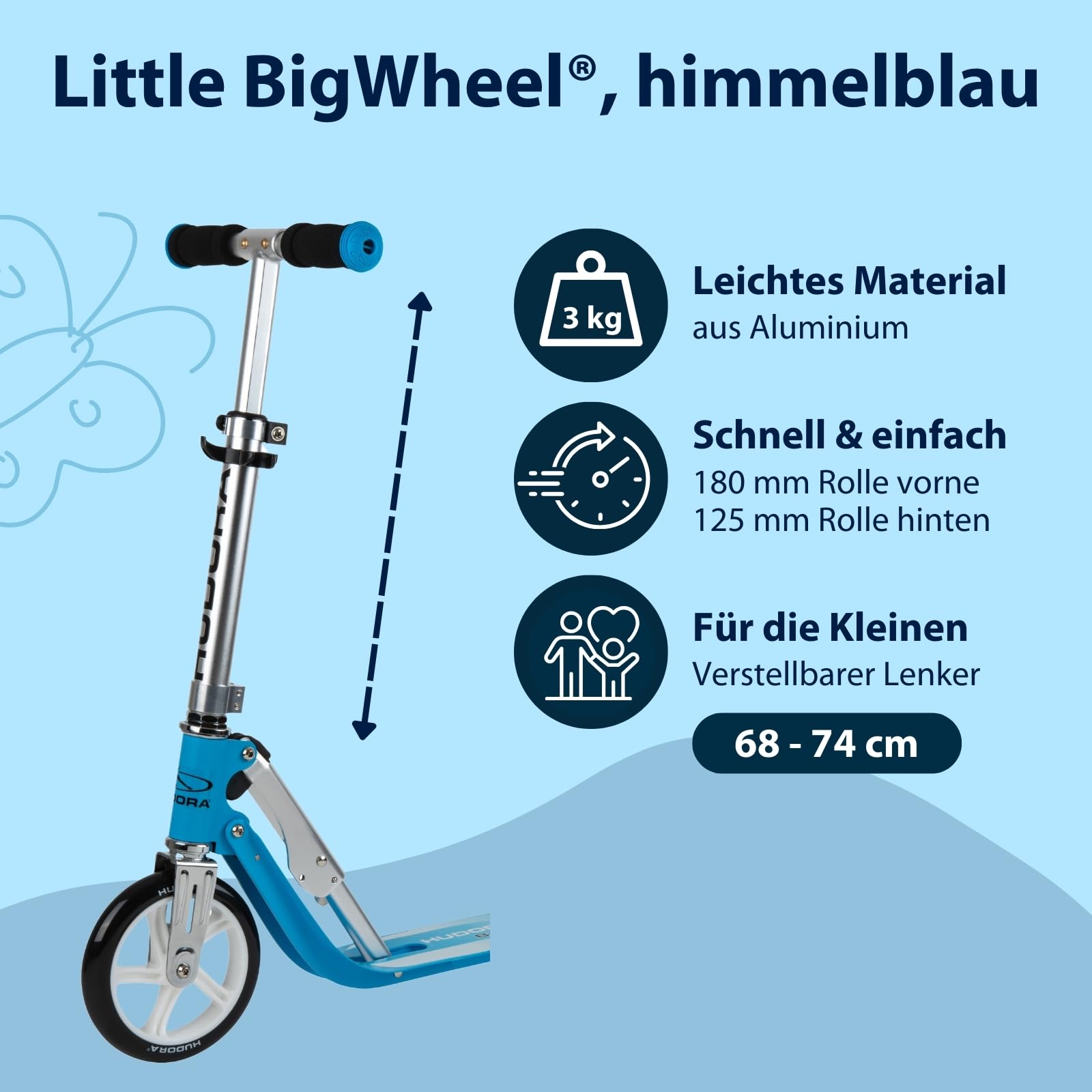 HUDORA Little BigWheel Scooter - Sicherer Aluminium-Roller für Kinder ab 3 Jahren - Höhenverstellbarer & zusammenklappbarer Cityroller für bis zu 100kg - Stabiler Tretroller mit großen Reifen