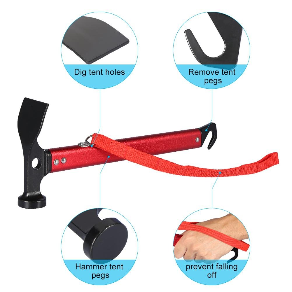 Zeltpflockhammer, 3 Farben Tragbare Aluminiumlegierung Griff Outdoor Camping Hammer Zeltpflockpflock Abzieher Ausgestattet mit einer Schnur für Camping, Wohnwagen, Festivals(rot)