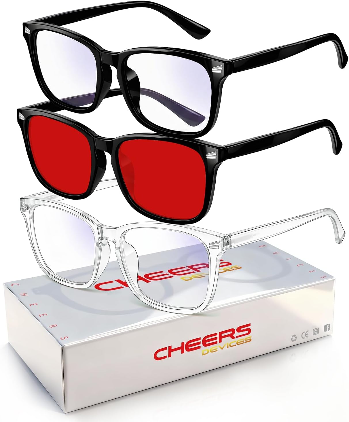 Kids Blue Light Glasses 3 Pack Flexible TR90 Shatterproof Frame, Clear & Red Lenses Kids Fake Glasses 2-18 age