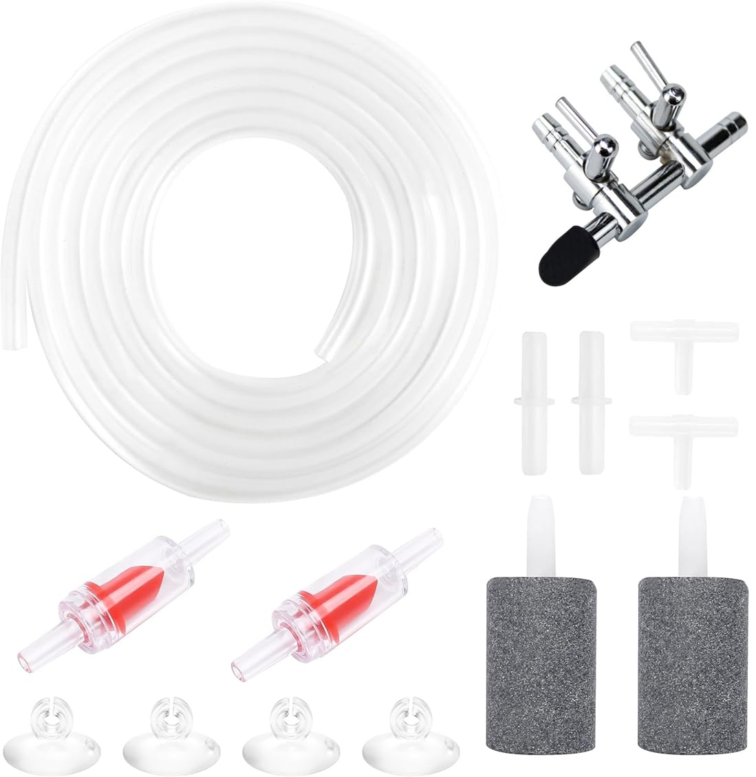 KWSLIN Aquarium Air Pump Accessories Set, Air Stone Cylinders, 2-Way Air Pump Splitter, 4 Meter Airline Tubing, Suction Cups Connectors and Check Valves for Fish Tank Pond Aeration Setup