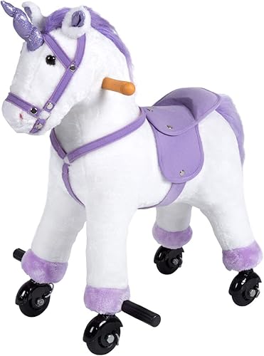 kinbor Caballo mecedor de peluche en caballo caminando caballo unicornio paseo en juguete, regalo de cumpleaños del día del niño con ruedas y sonido