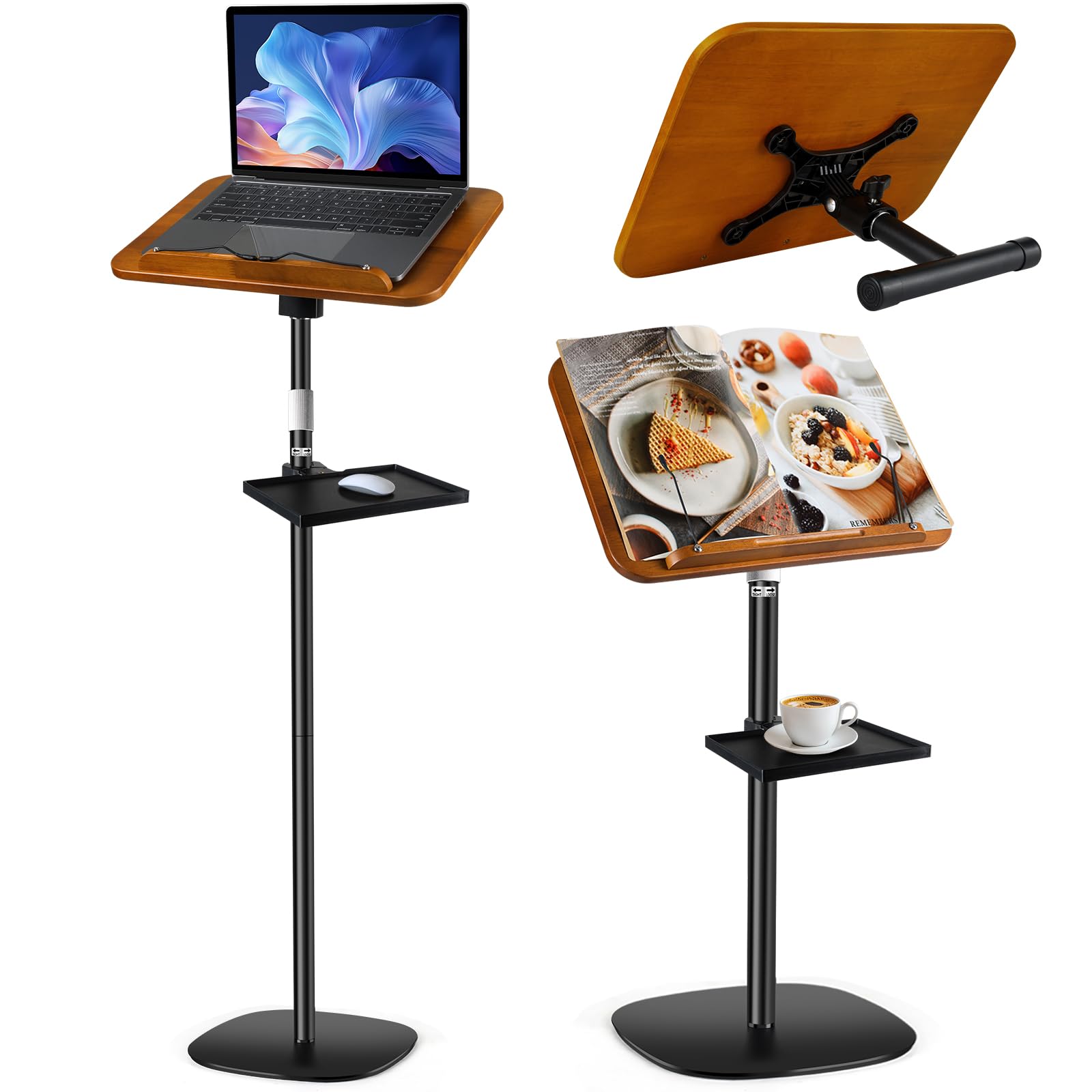 Photo 1 of 2-in-1 Adjustable Book Stand & Music Stand, 22-51in Dual-Use Floor and Desktop Book Holder Stand, Heavy Duty Solid Wood, with Elastic Page Clip for Cookbooks, Sheet Music, Tablet, Laptop, Projector