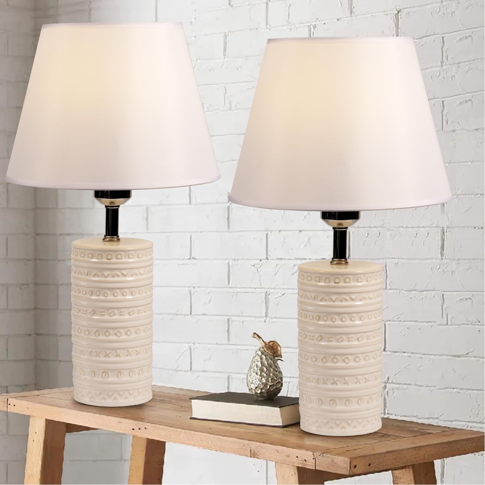 White Ceramic Table Lamps Set of 2, Farmhouse 22.8" Bedside Lamps, Modern Nightstand Lamp Desk Reading Lamp with Fabric Drum Shade for Bedroom Living Room, Bulb not Included