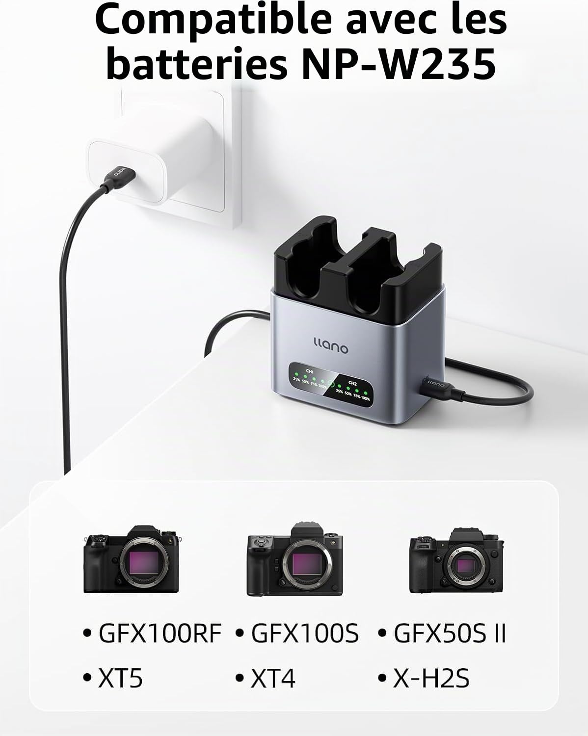 llano Chargeur Rapide 20W NP-W235 pour Batterie d’Appareil Photo,Compatible avec Fujifilm GFX100RF, X-T5, X-T4, X-T50, VG-XT4, X-S20, GFX100S, GFX50S II, X-H2S, Aluminium CNC, Charge complète en 2,8 h