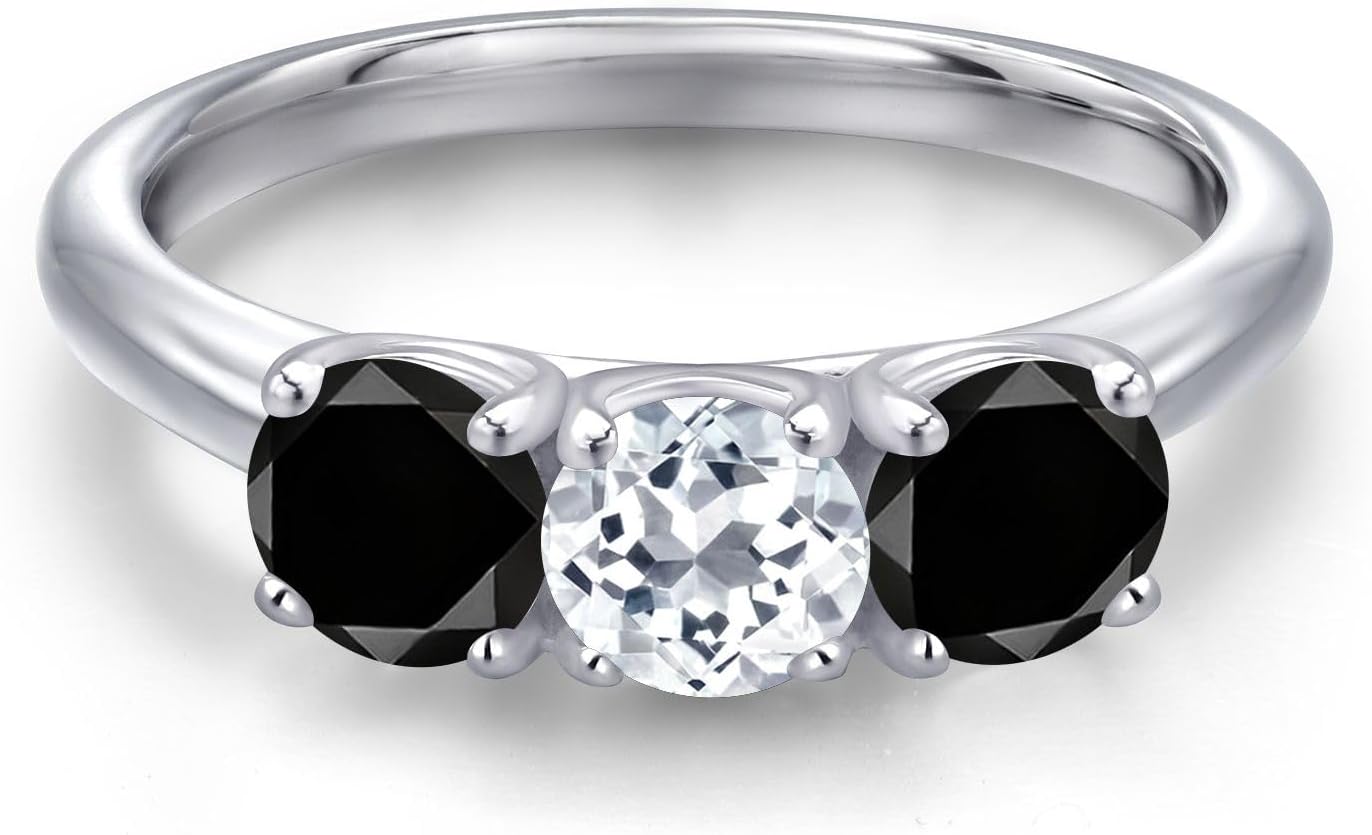 Gem Stone King 925 Sterling Silver White Topaz and Black Diamond Engagement Ring For Women | 1.70 Cttw | Round 5MM | Gemstone November Birthstone - Image 3