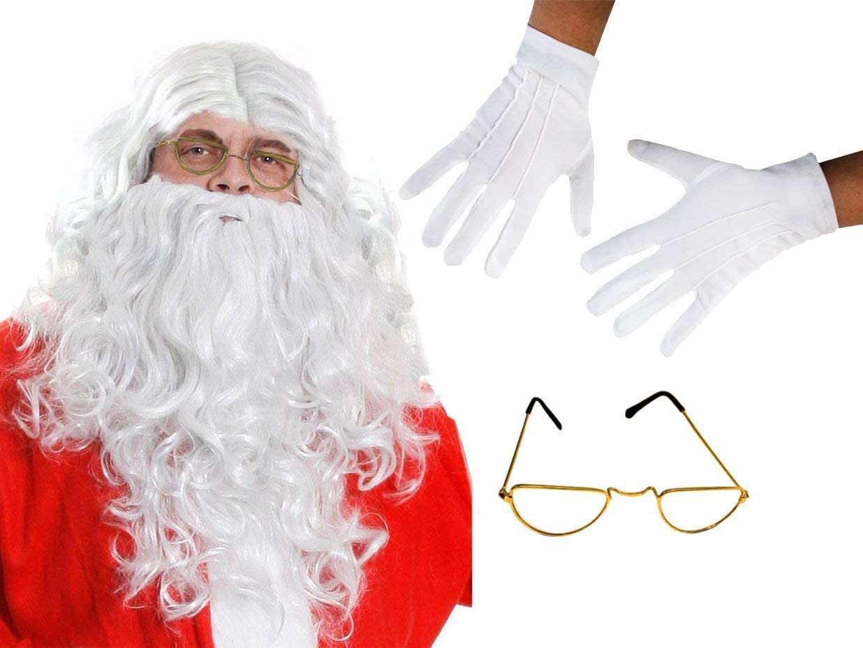 Costume de Père Noël 12 pièces - Comprend : veste, pantalon, perruque, barbe, sac, lunettes, sourcils, gants et clochette