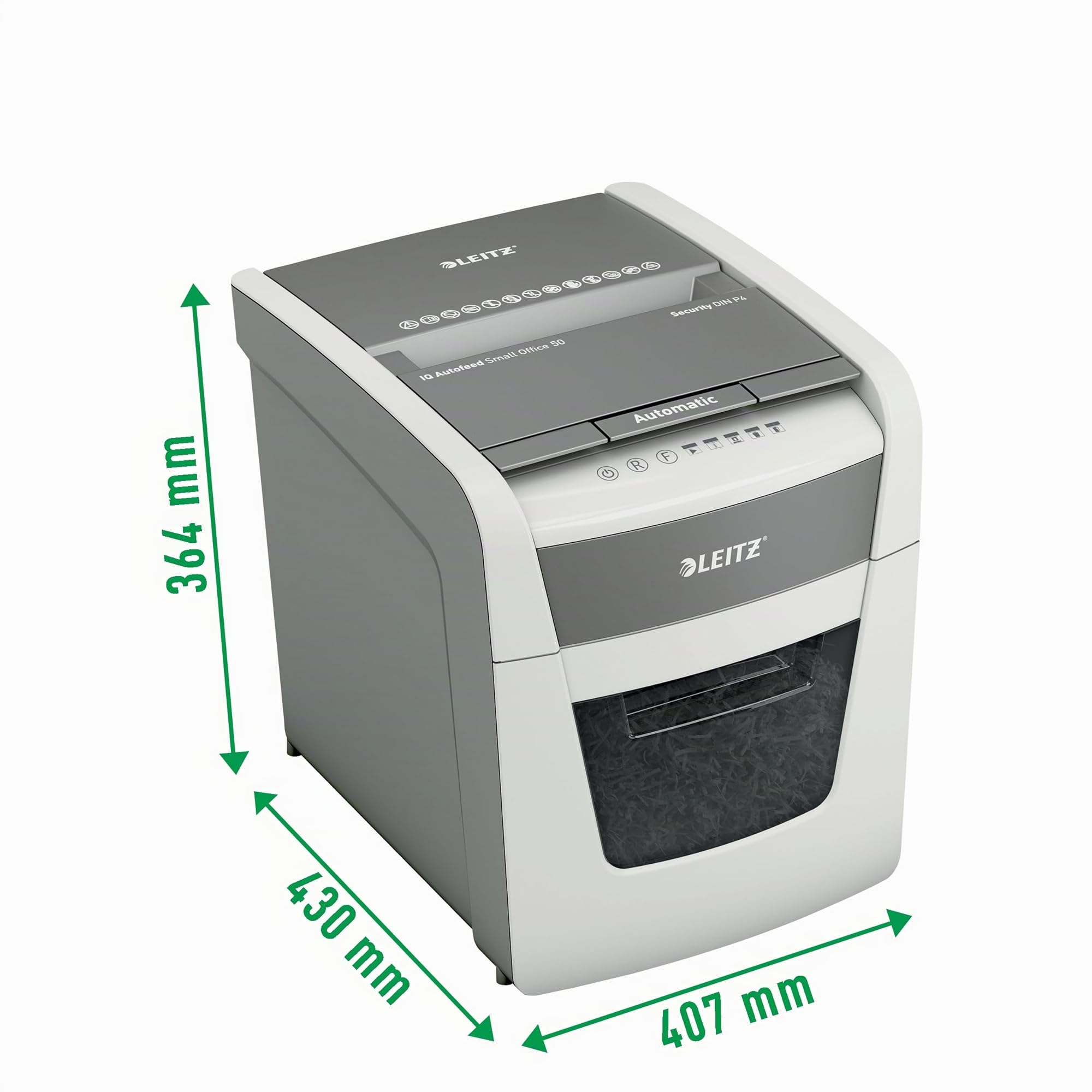 Leitz IQ Autofeed Small Office 50X P4 Distruggidocumenti Automatico a Taglio Incrociato, per 50 fogli, 20 litri - Bianco