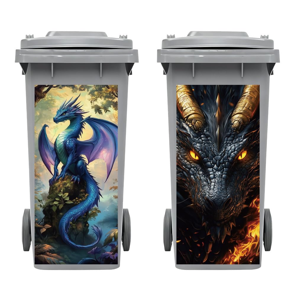 Peacoblue 2Pcs Wheelie Bin Stickers Fantasy Dragons for Dustbin Decorative — image 1