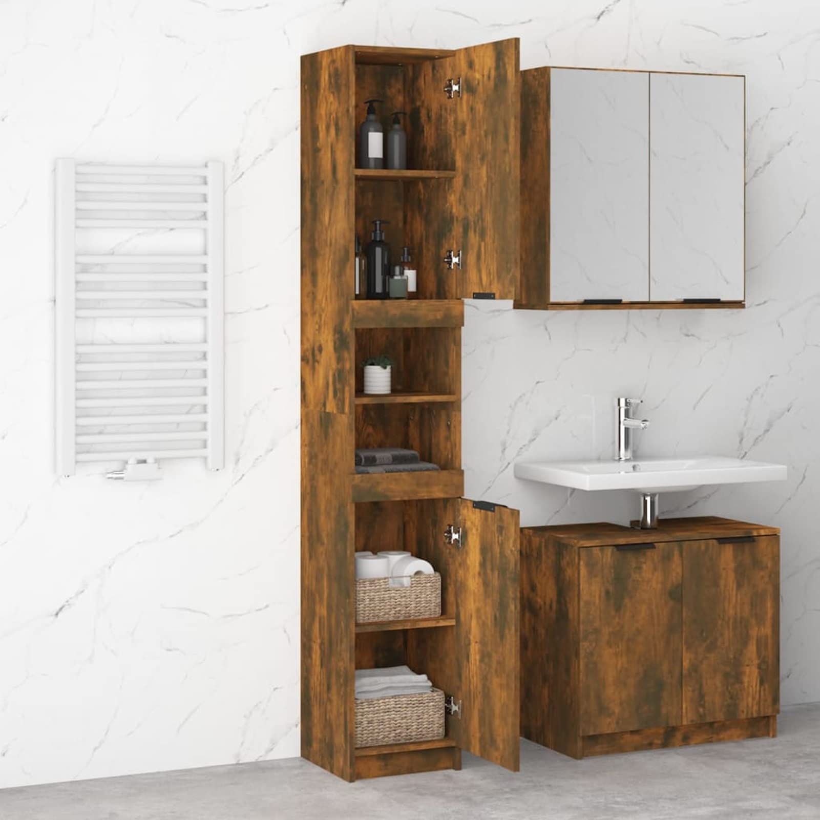 Armario de Baño, Muebles De Baño, Mueble Baño Auxiliar, Columna Baño, Auxiliares para Baños, Mueble Alto Baño,contrachapada Roble Ahumado 32x34x188,5 cm