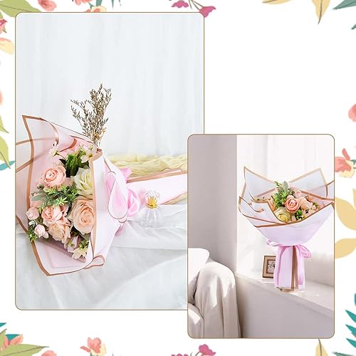 Miniatura 5 de BEISHIDA 40 hojas de papel de regalo rosa, papel floral rosa, papel de ramo, mate con bordes dorados, papel para graduación, Navidad, día de San