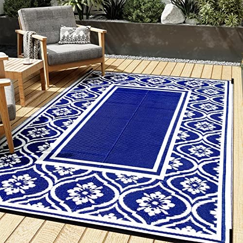 Outdoor Plastic Straw Rug, Waterproof Outdoor Rugs for Patios Clearance, Reversible Area Rug, Large Outside Carpet for Camping, Balcony, RV, Deck, Picnic, Beach (5x8ft Lantern/Blue&White)