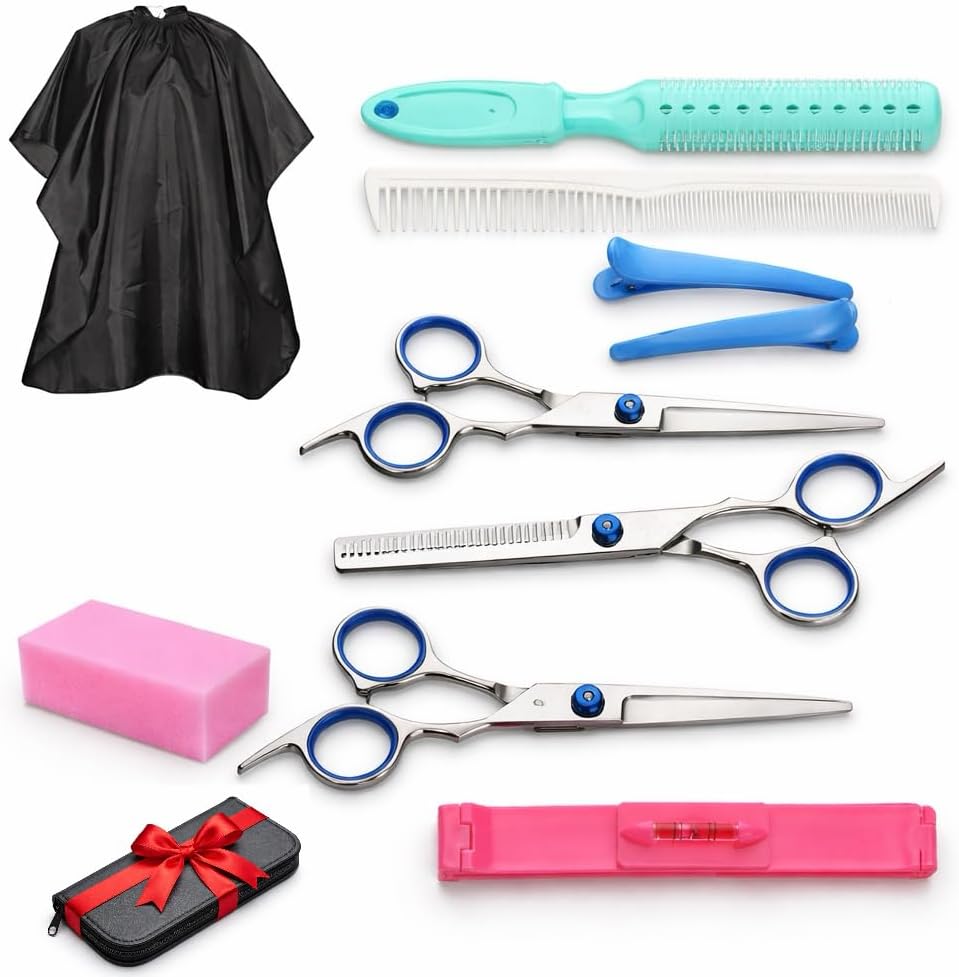 Professional 9-in-1 Hair Cutting Scissors Kit with Storage Case & Barber Cape, Hairdressing Shears Set with Thinning Scissors, Straight Scissors, Razor, Comb, Clips, Salon Barber Supplies