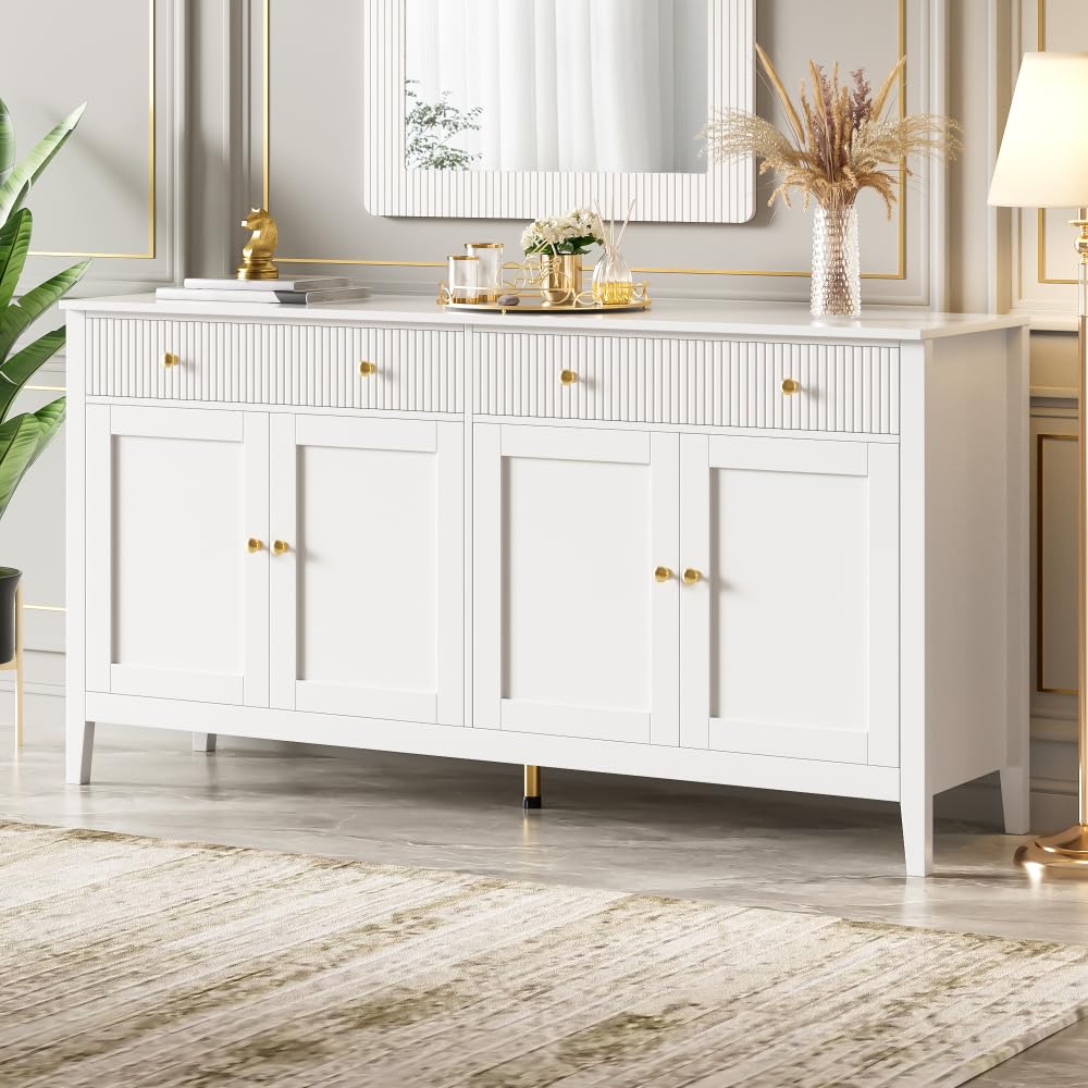 Elegante credenza per sala da pranzo con 2 cassetti e 4 ante, elegante buffet per cucina, sala da pranzo e soggiorno, con maniglie dorate e ampio spazio di archiviazione, bianco