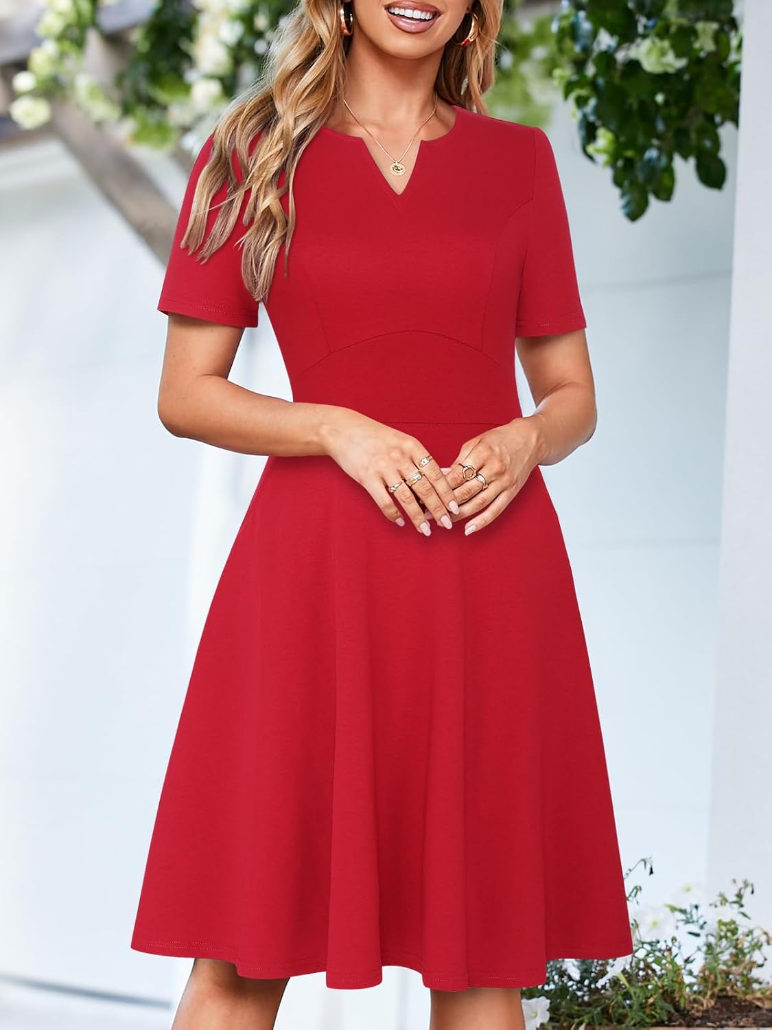 Sureple Semi Formal Dresses for Women Wedding Guest Summer V Neck Short Sleeve Fit and Flare Knee Length Dress with Pockets - Image 4