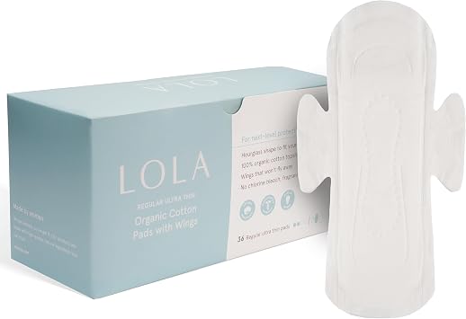 LOLA Cotton Pads, Ultra Thin with Wings, Regular, 36 Count | Organic Cotton, Hypoallergenic Material, Organic Panty Liners
