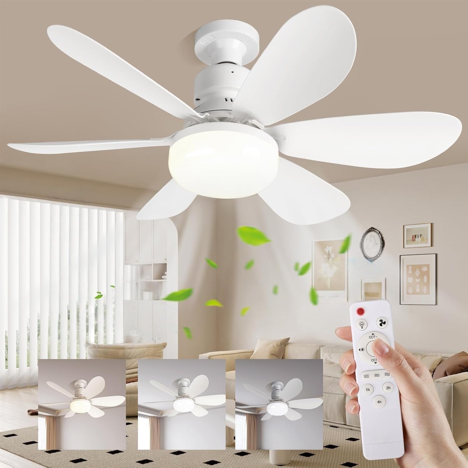 KXYINOS Ceiling Fan with LED Lights, 30W Quiet Ceiling Fan Lamp with 6 Blades,E27 Converter Base,3 Speeds Modern Ceiling Fan Lamp for Bedroom Living Room Kitchen