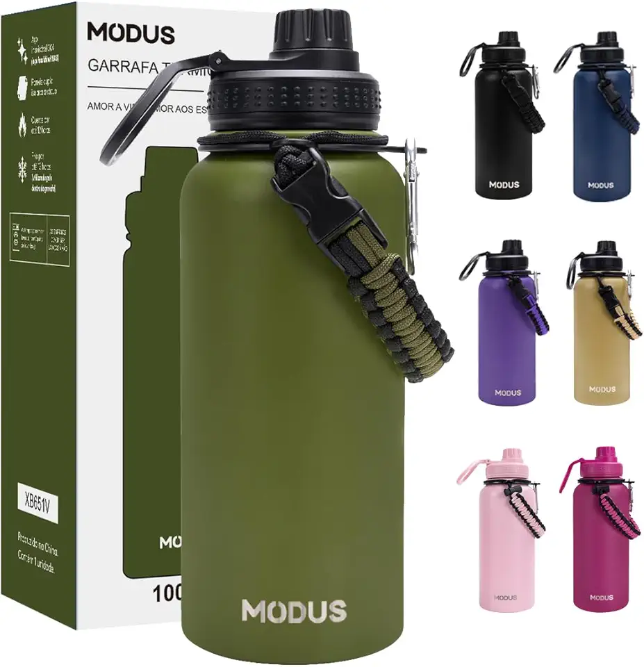 MODUS 1000mL Garrafa Térmica Aço Inoxidável Com Alça Paracord (Verde)
