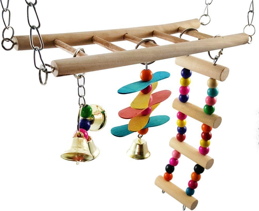 Bird Ladder Toy Hanging Swing Natural Wood Hammock Toy for Small Parrot Parakeet Cockatiel African Grey Cockatoos Conure Finch Cage Accessories(B) : Pet Supplies