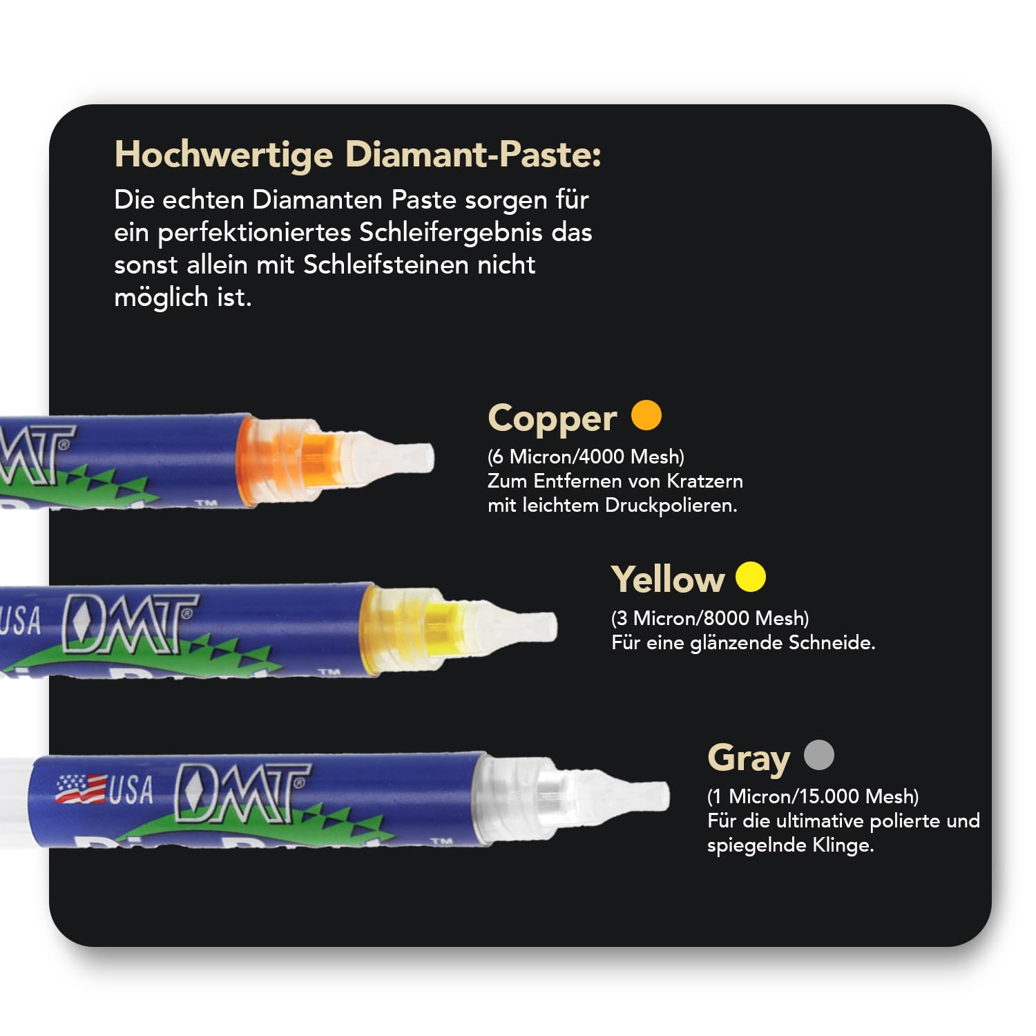 DMT Dia-Paste™ Diamantschleifpaste 3er Set | Messerschärfer Paste in 3 Körnungen (6, 3, 1 Mikron) | Hochglanzpolitur für Messer und Werkzeuge | DPK